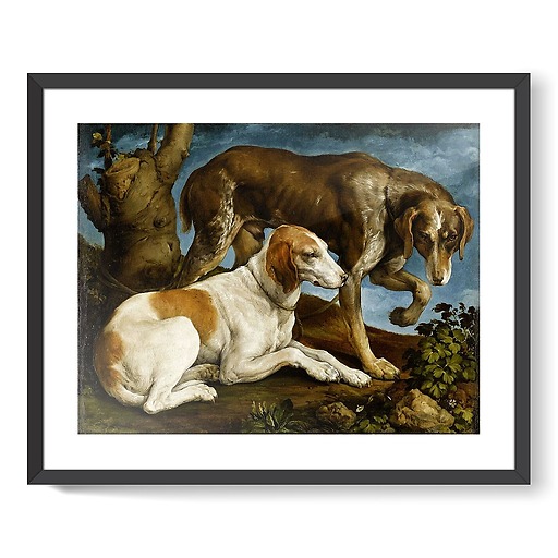 Two hunting dogs attached to a stump (framed art prints)