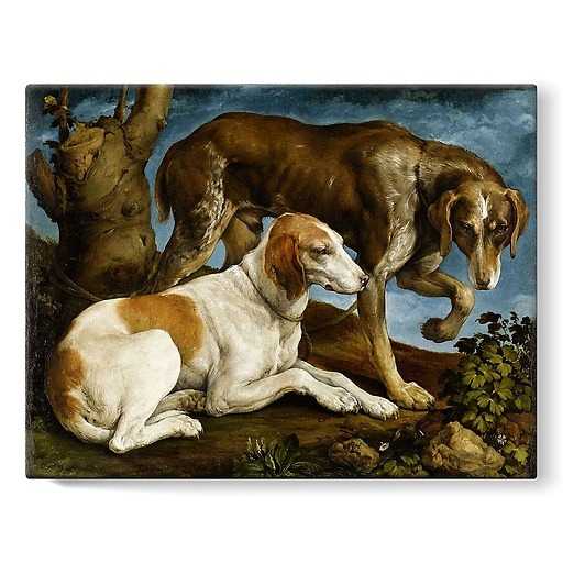 Deux chiens de chasse attachés à une souche (toiles sur châssis)