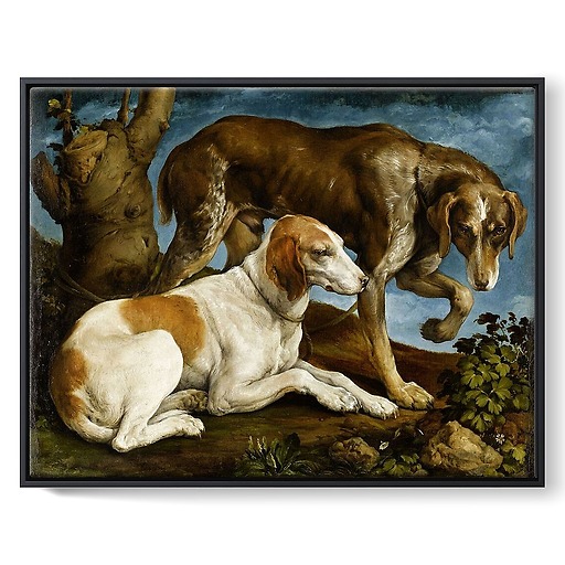 Two hunting dogs attached to a stump (framed canvas)