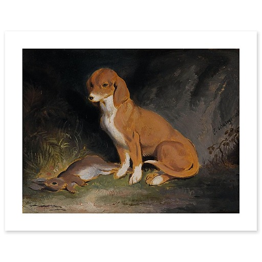 Dog guarding a dead rabbit (art prints)