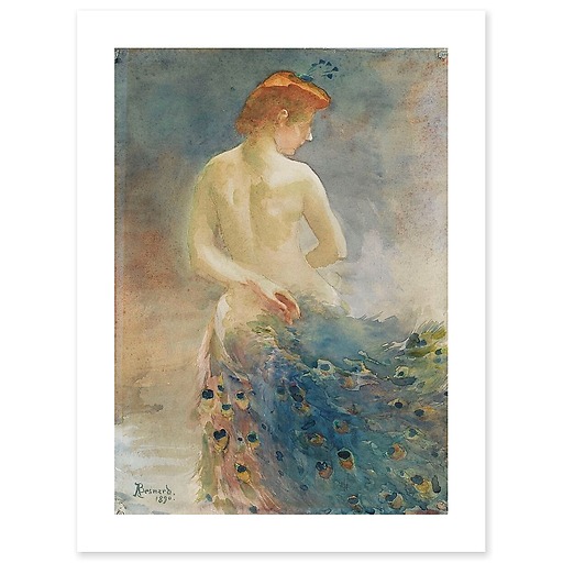 Naked woman, from behind, with a peacock tail, head in profile on the right (art prints)