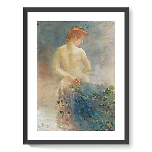 Naked woman, from behind, with a peacock tail, head in profile on the right (framed art prints)