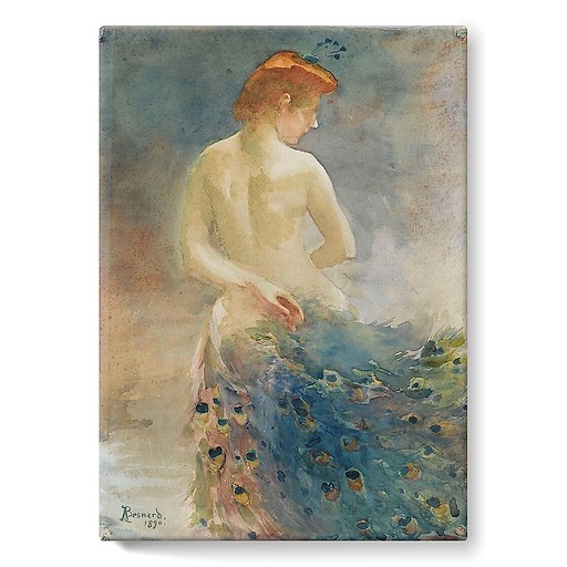 Naked woman, from behind, with a peacock tail, head in profile on the right (stretched canvas)