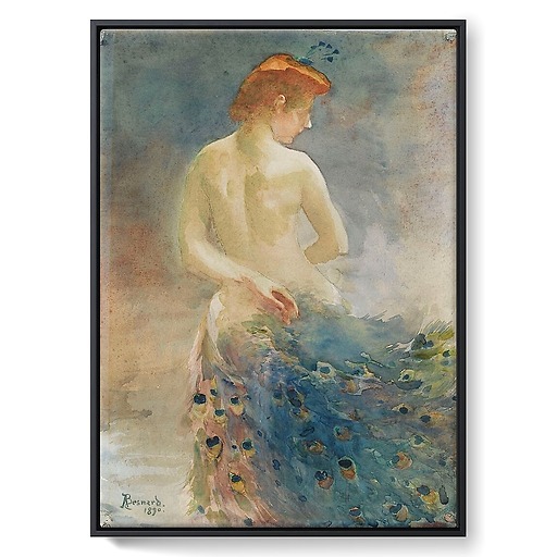 Naked woman, from behind, with a peacock tail, head in profile on the right (framed canvas)