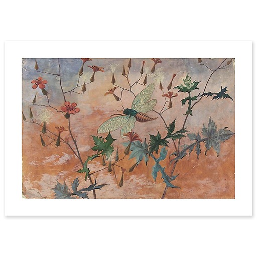 Model for ceramic decoration: flying cicada in the middle of prenanthes (art prints)