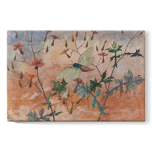 Model for ceramic decoration: flying cicada in the middle of prenanthes (stretched canvas)