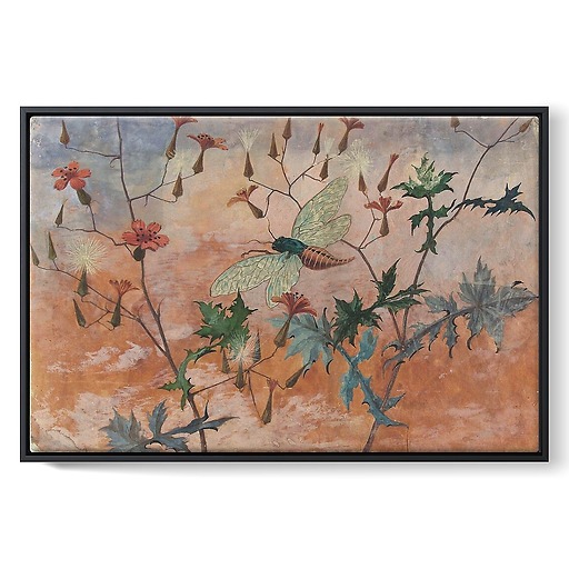 Model for ceramic decoration: flying cicada in the middle of prenanthes (framed canvas)