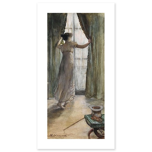 Young woman standing, seen from behind, in front of a window (art prints)