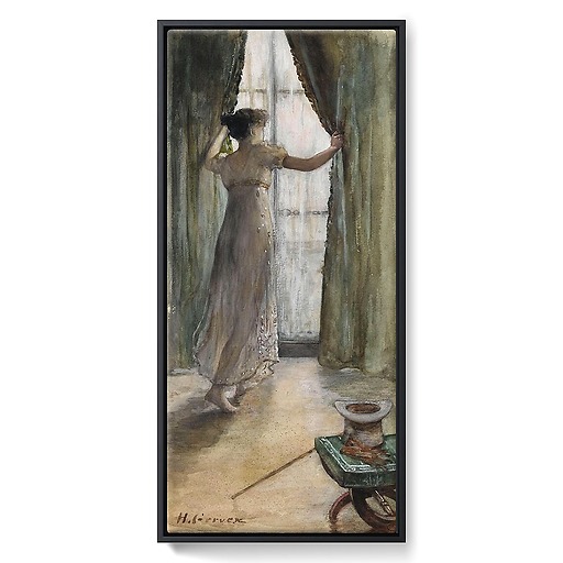 Young woman standing, seen from behind, in front of a window (framed canvas)