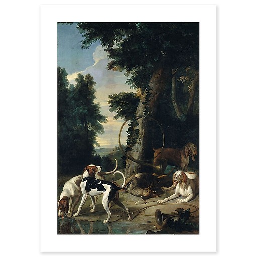 Quatre chiens autour d'un cerf blessé à mort (affiches d'art)