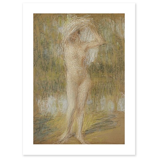 Nude standing, face up, arms raised, holding a drapery (art prints)
