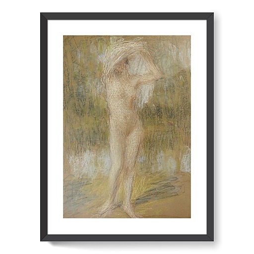 Nude standing, face up, arms raised, holding a drapery (framed art prints)