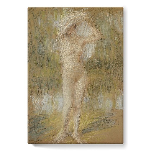 Nude standing, face up, arms raised, holding a drapery (stretched canvas)