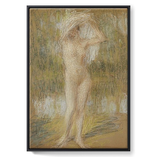 Nude standing, face up, arms raised, holding a drapery (framed canvas)