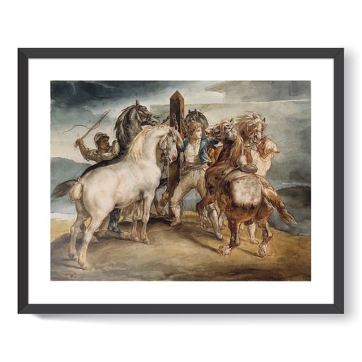 The horse market: five horses on the picket line (framed art prints)