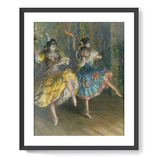 Two Spanish dancers, on stage, playing castanets (framed art prints)