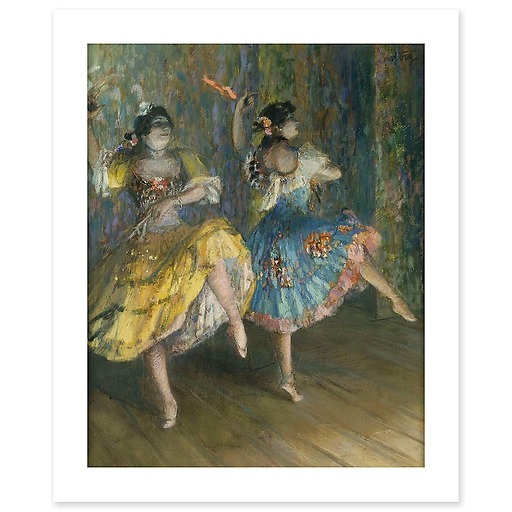 Two Spanish dancers, on stage, playing castanets (canvas without frame)