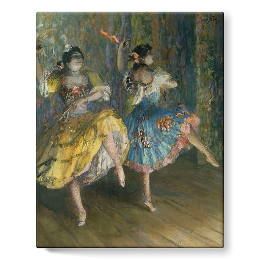 Two Spanish dancers, on stage, playing castanets (stretched canvas)