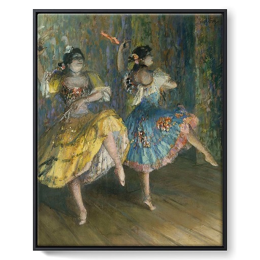 Two Spanish dancers, on stage, playing castanets (framed canvas)