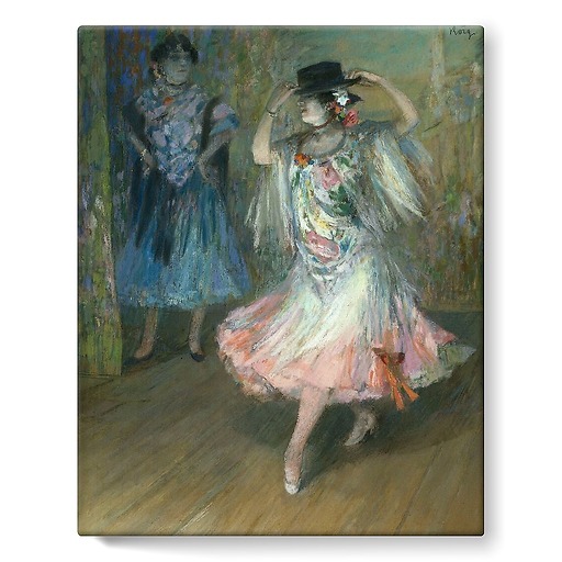Two Spanish dancers, one of whom is holding the edges of her sombrero (stretched canvas)