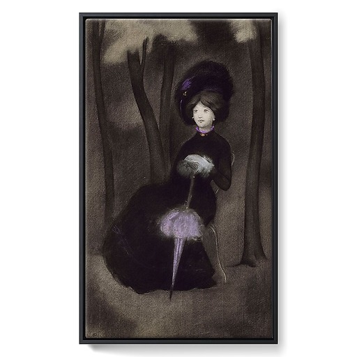 Young woman with a purple umbrella (framed canvas)