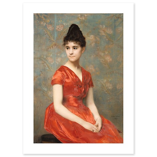 Jeune fille en robe rouge sur fond de fleurs (affiches d'art)