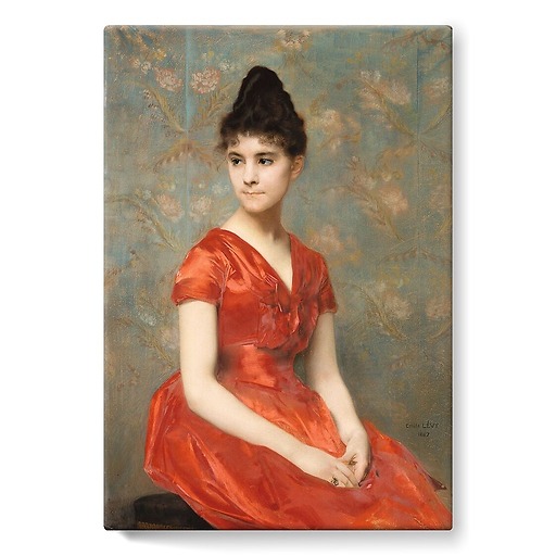 Young girl in a red dress on a flower background (stretched canvas)