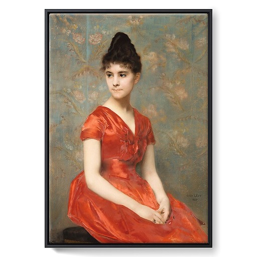 Young girl in a red dress on a flower background (framed canvas)