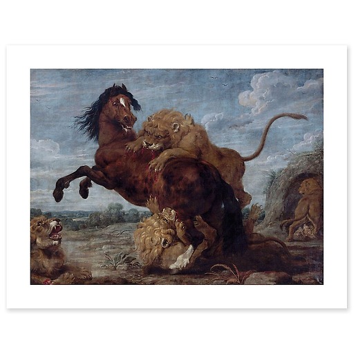 Horse attacked by lions (art prints)
