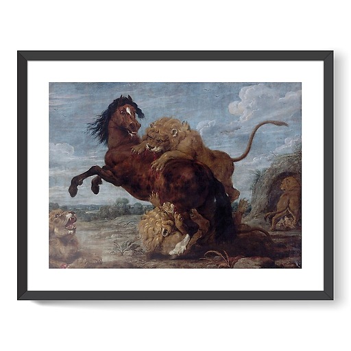 Horse attacked by lions (framed art prints)