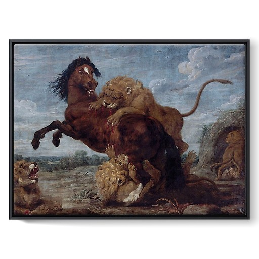 Horse attacked by lions (framed canvas)