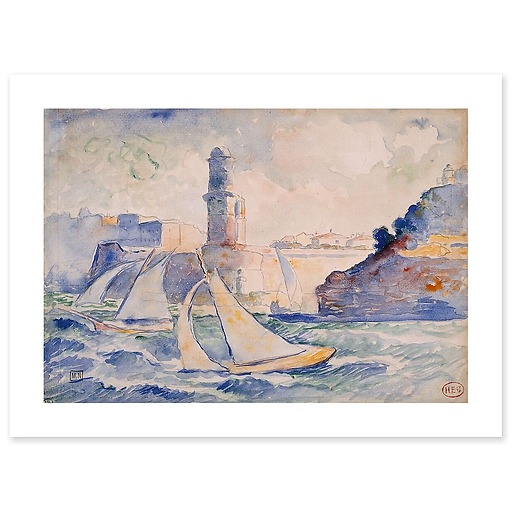 Entrance to a port (Antibes) with two sailboats in the foreground and a lighthouse in the background (art prints)