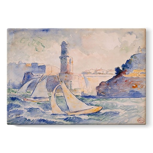 Entrance to a port (Antibes) with two sailboats in the foreground and a lighthouse in the background (stretched canvas)
