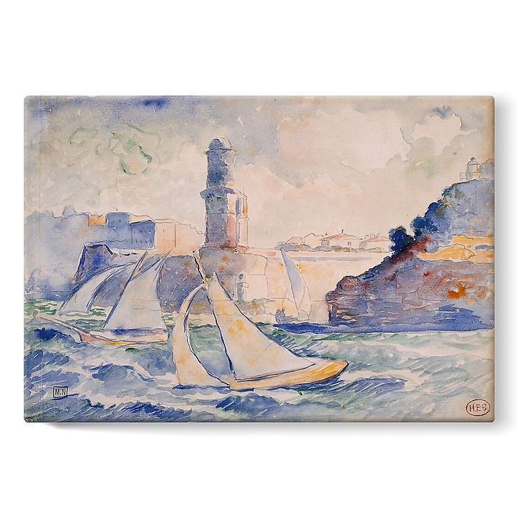 Entrée d'un port (Antibes) avec au premier plan deux voiliers et à l'arrière plan un phare (toiles sur châssis)