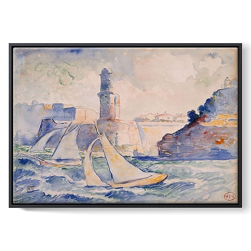Entrance to a port (Antibes) with two sailboats in the foreground and a lighthouse in the background (framed canvas)