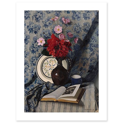 Red Dahlias and open book (art prints)