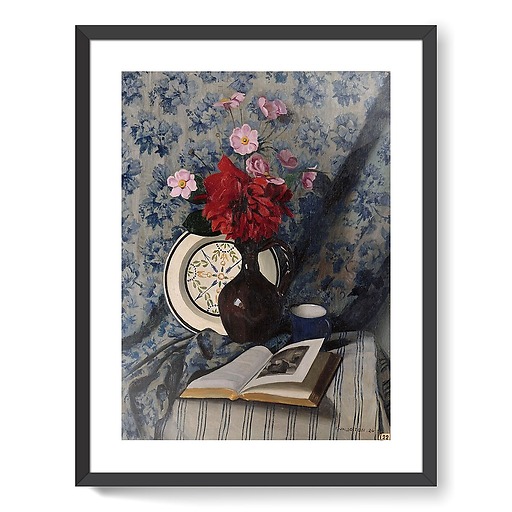 Red Dahlias and open book (framed art prints)