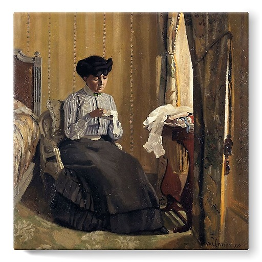 Woman sewing in an interior (stretched canvas)