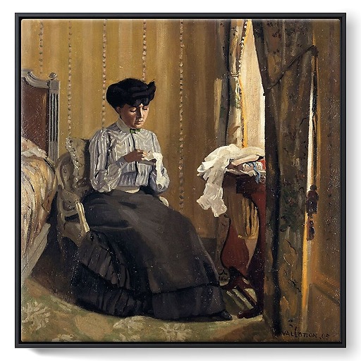 Woman sewing in an interior (framed canvas)
