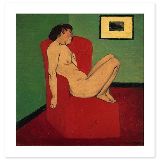Naked woman sitting in a red armchair (art prints)