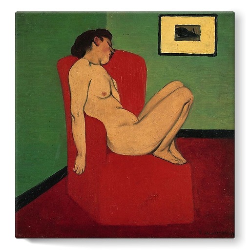 Naked woman sitting in a red armchair (stretched canvas)