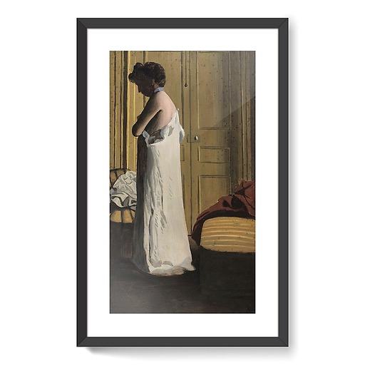 Nude in an interior, woman taking off her shirt (framed art prints)