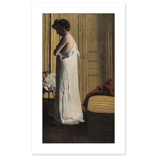 Nude in an interior, woman taking off her shirt (canvas without frame)