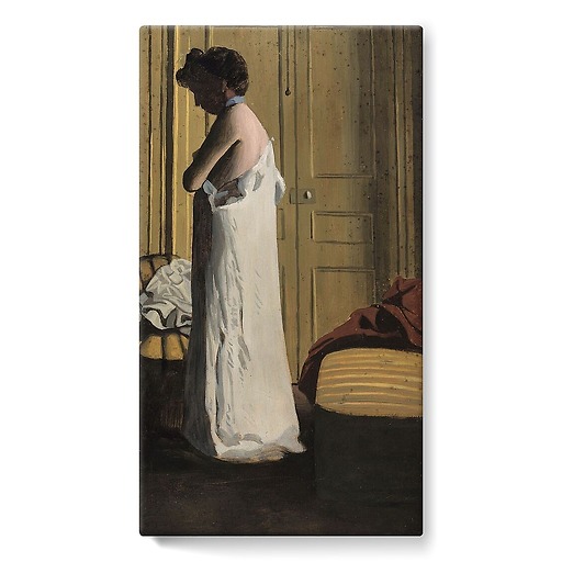Nude in an interior, woman taking off her shirt (stretched canvas)