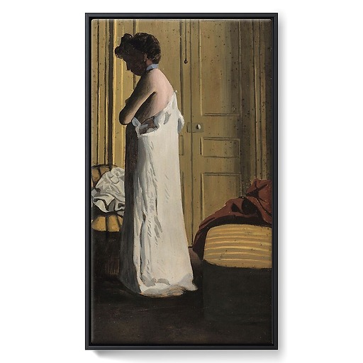 Nude in an interior, woman taking off her shirt (framed canvas)