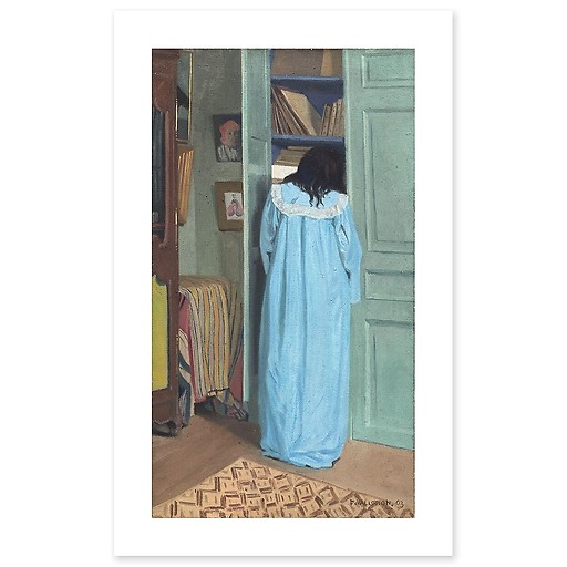 Interior, woman in blue rummaging through a closet (art prints)
