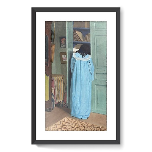 Interior, woman in blue rummaging through a closet (framed art prints)