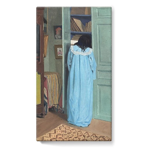 Interior, woman in blue rummaging through a closet (stretched canvas)