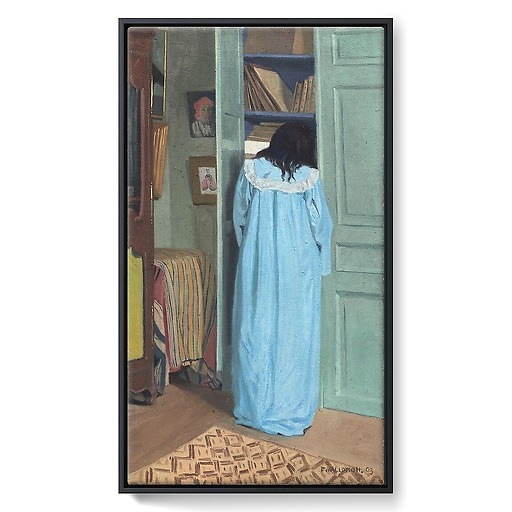 Interior, woman in blue rummaging through a closet (framed canvas)