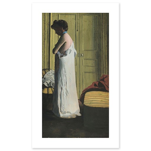 Nude in an interior, woman taking off her shirt (art prints)